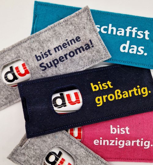 Hülle für Schokoriegel mit dem "DU" am Anfang